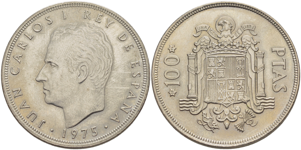 Испания 100 песет 1975 (76) M, Хуан Карлос I (1975-2014) KM 810 медно-никель  UNC   4184-423
