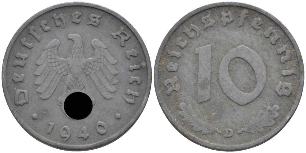 ГЕРМАНИЯ 10 РЕЙХСПФЕННИГОВ 1940 D KM 101, J. 371 цинк 4401-836