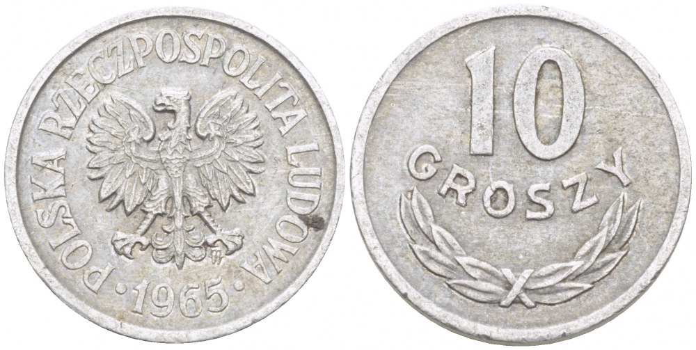 ПОЛЬША 10 ГРОШЕЙ 1965 MW KM АА47 алюминий 112-1212
