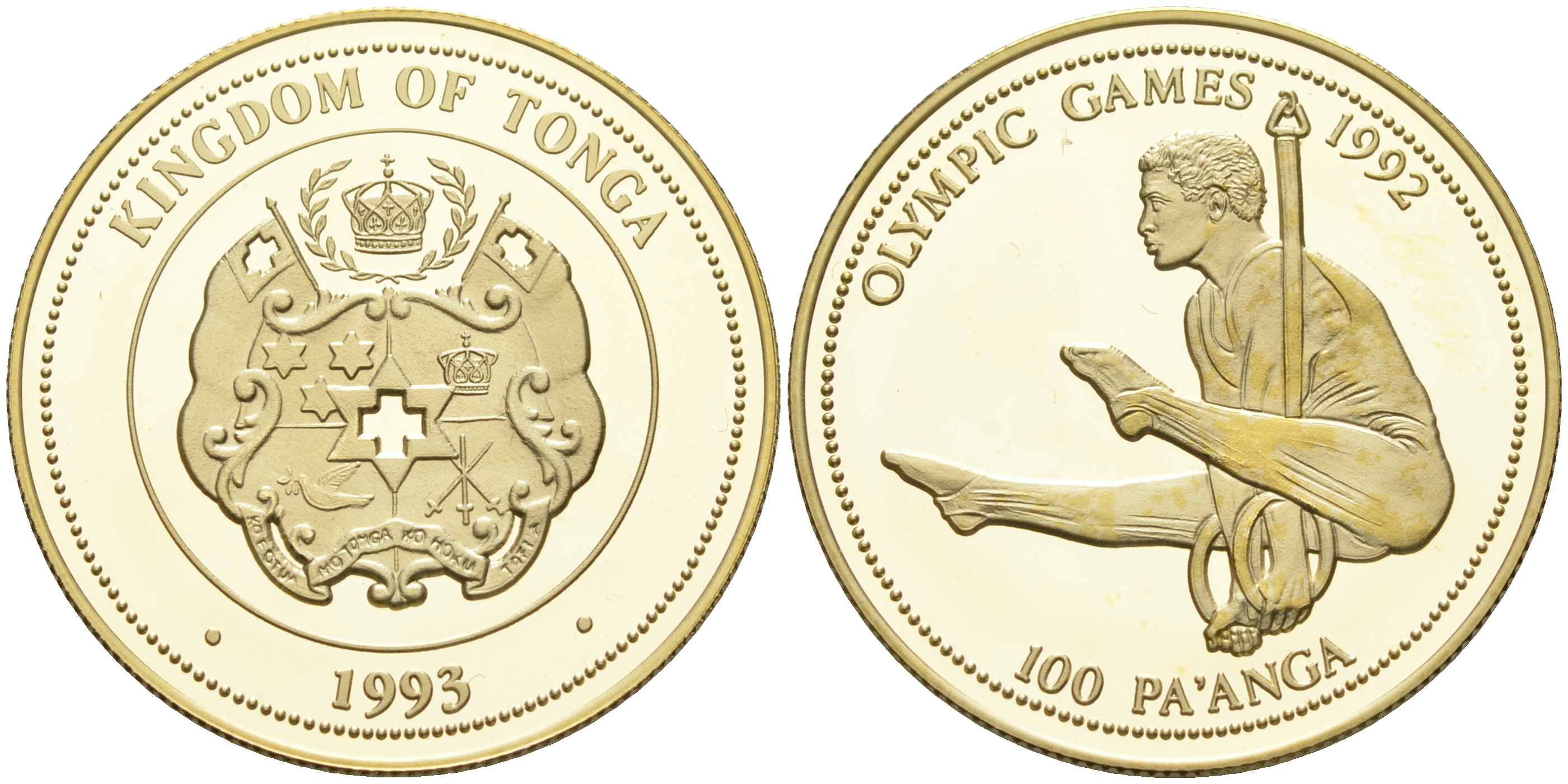 Тонга 100 паанга 1993 Олимпийские игры 1992 года, гимнаст, тираж 3000 экземпляров KM 155 золото PROOF 00-808-24