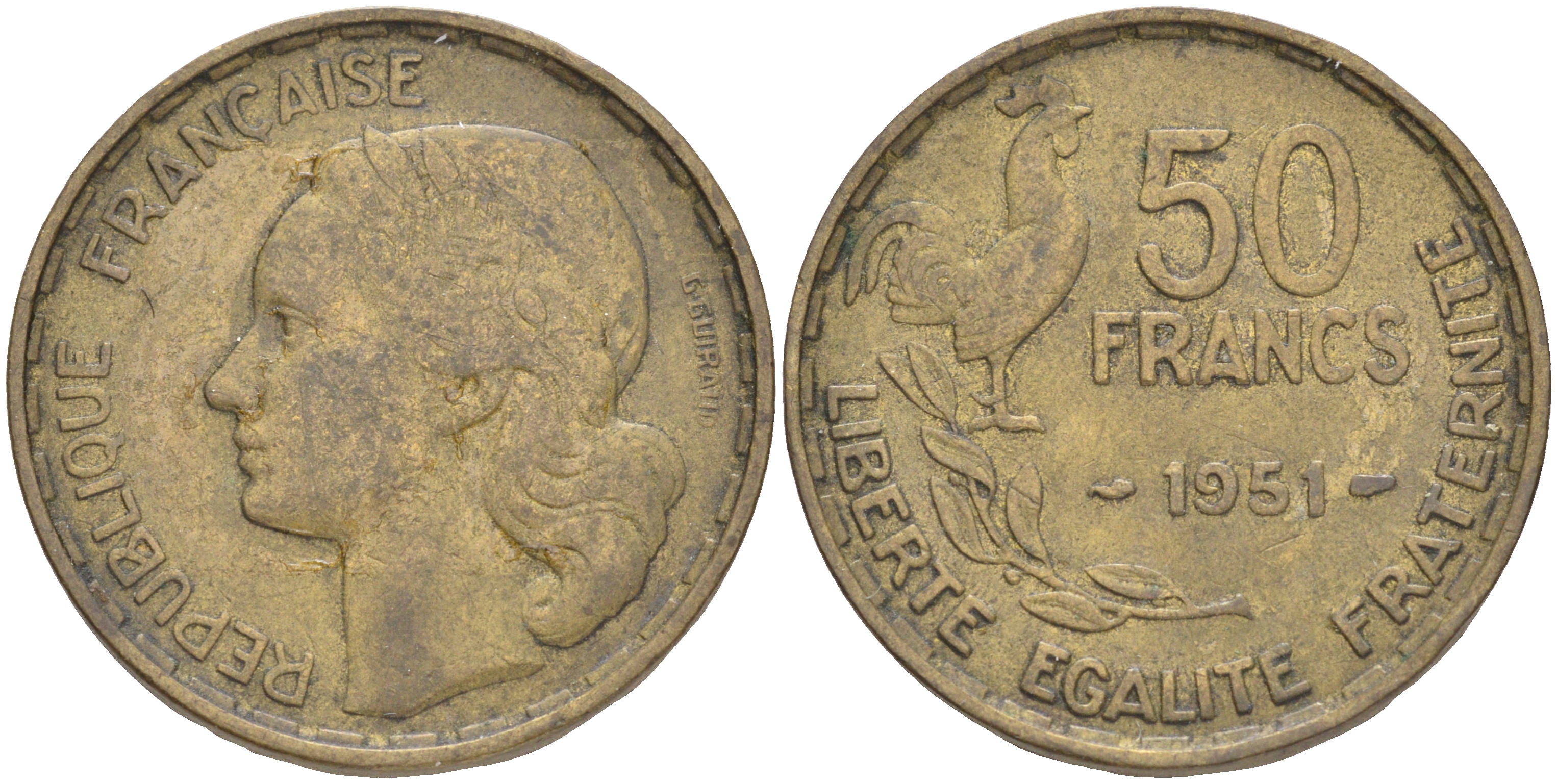 ФРАНЦИЯ 50 ФРАНКОВ 1951 ПЕТУХ KM 918.1, LE FRANC 425.5 алюминиевая бронза 189-315