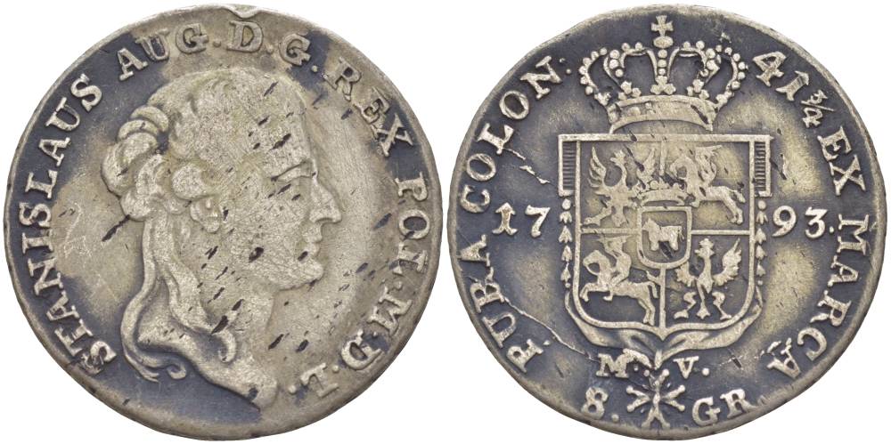 Польша 8 грошей (2 злотых) 1793 MV, Станислав II Август Понятовский (1764-1794), вес 9,19 г KM 209.1 (C54), Kopinski 412.7 серебро 00-812-16