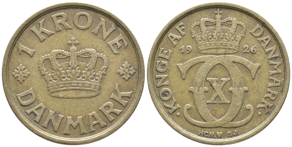 ДАНИЯ 1 КРОНА 1926 HCN ; GJ, КРИСТИАН X (1912-1947) KM 824.1 алюминиевая бронза 32-541