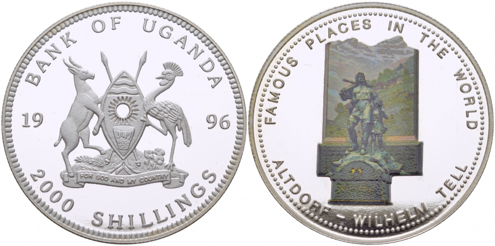 Уганда 2000 шиллингов 1996 Альтдорф, Вильгельм Телль, цветная эмаль серебро PROOF 1077-6-13