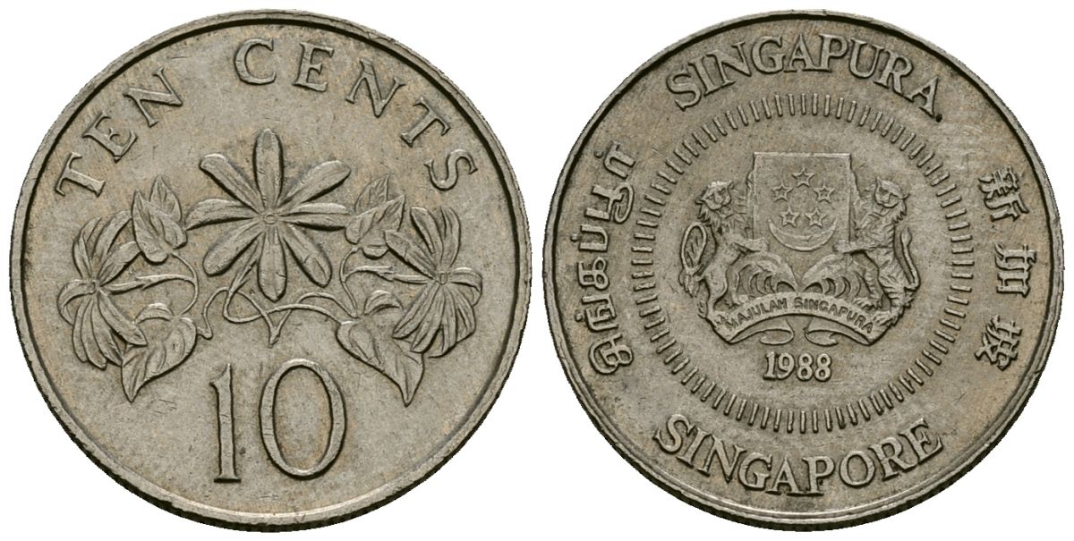 Сингапур 10 центов 1988 KM 51 медно-никель 4173-1223