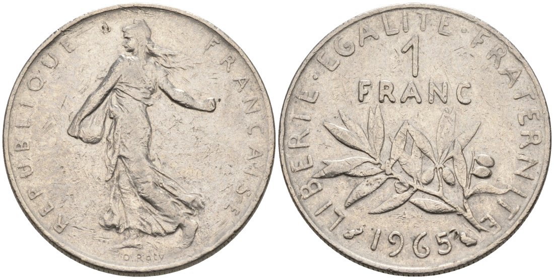 Франция 1 франк 1965 сеятель KM 925.1, Le Franc 226.9 никель 68-1226