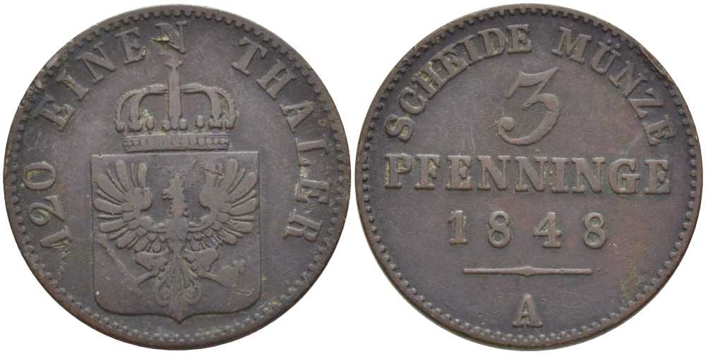 ПРУССИЯ 3 ПФЕННИГА 1848 А, ФРИДРИХ ВИЛЬГЕЛЬМ (1840-1861) KM 453 медь 117-154