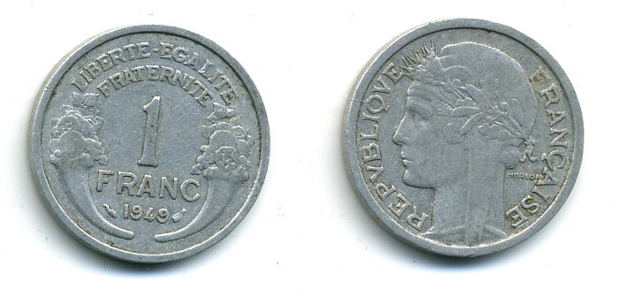 ФРАНЦИЯ 1 ФРАНК 1949 ТИП MORLON, LEGERE KM 885a 1, LE FRANC 221.15 алюминий 84-245