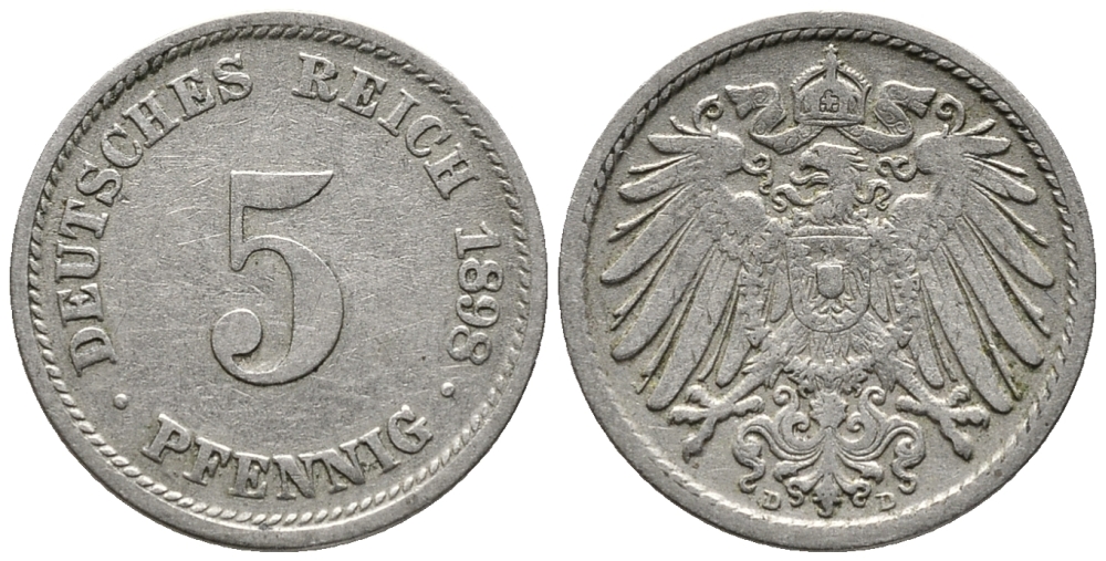 ГЕРМАНИЯ 5 ПФЕННИГОВ 1898 D KM 11, J. 12 медно-никель 39-734