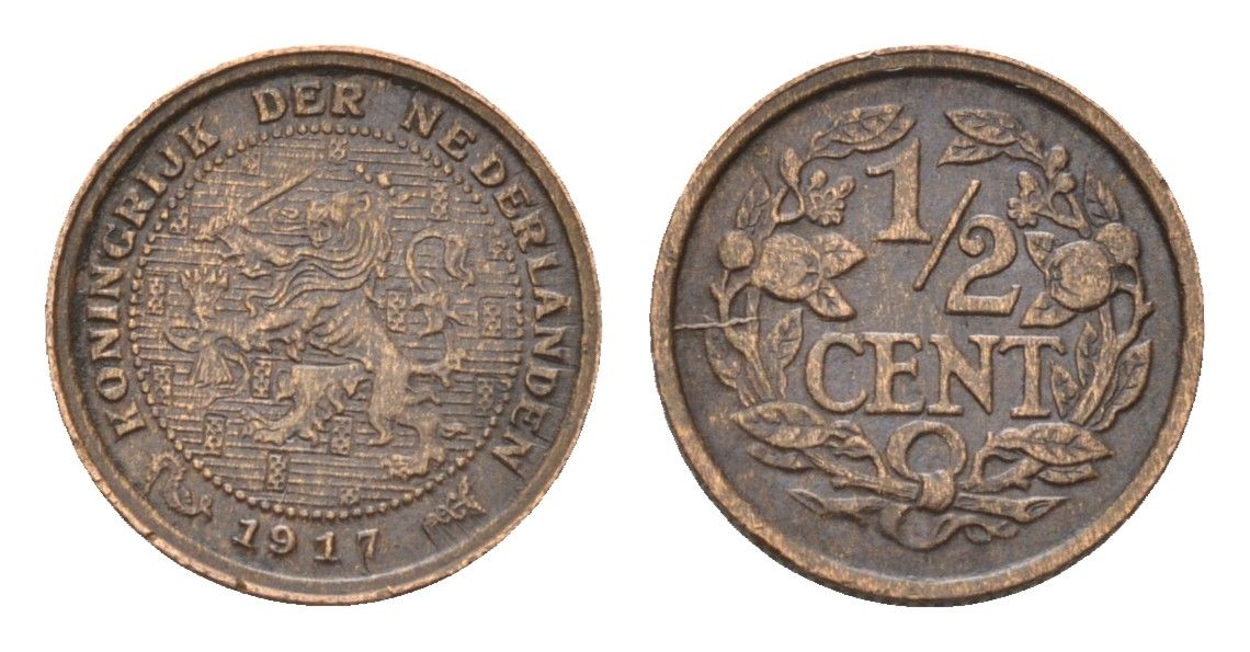 Нидерланды 1/2 цента 1917 Вильгельмина (1890-1948) KM 138 бронза 4674-1068