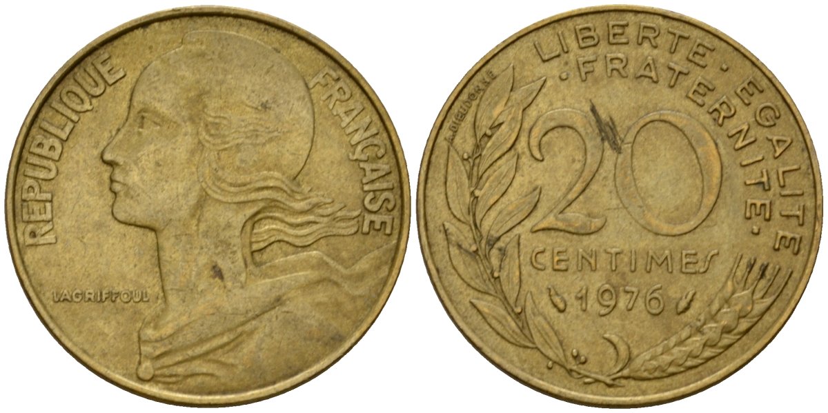 Франция 20 сантимов 1976 тип Marianne KM 930 алюминиевая бронза 4393-224