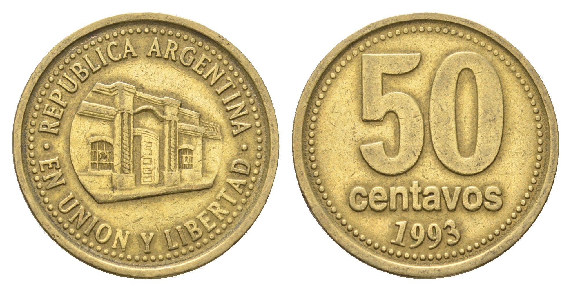 Аргентина 50 сентаво 1993 здание конгресса Тукумана KM 111 алюминиевая бронза 4663-617