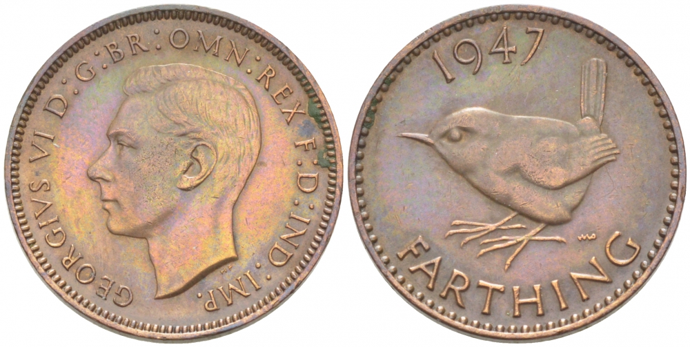 Великобритания 1 фартинг 1947 Георг VI (1936-1952) KM 843, Spink 4116 бронза 3955-265