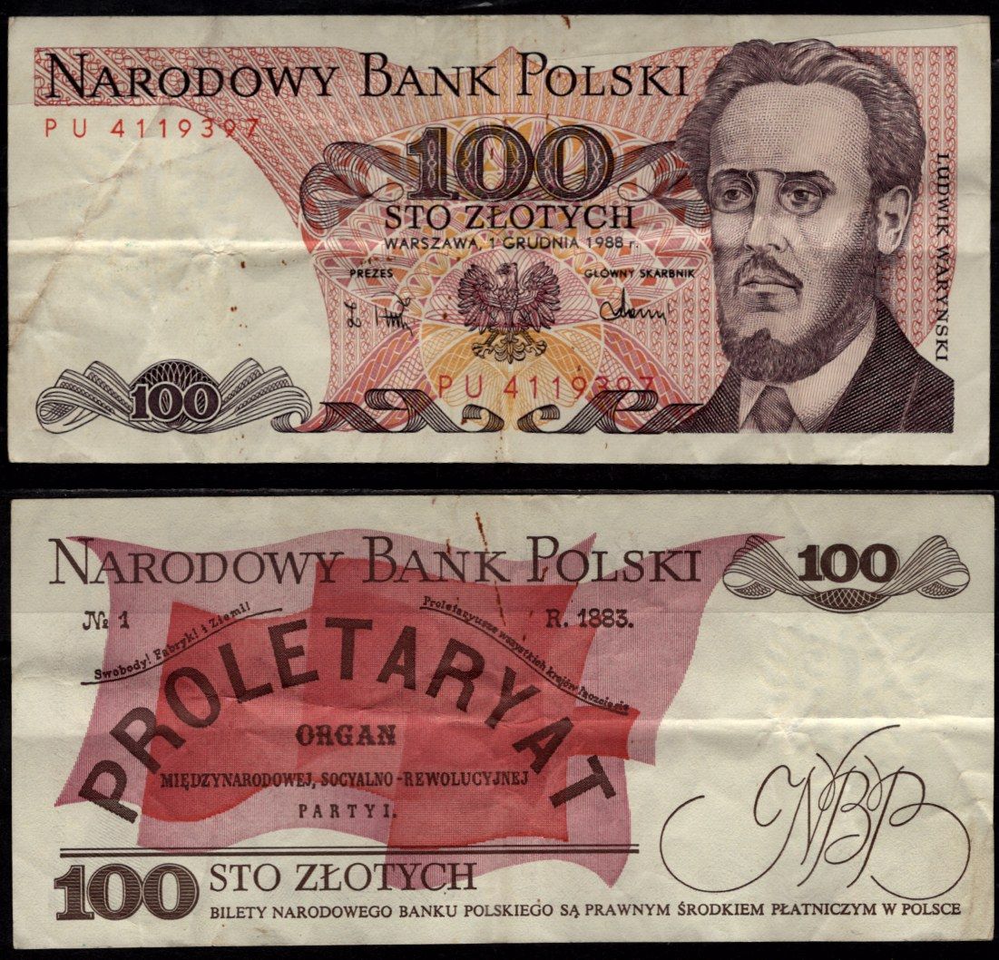 Польша 100 золотых 1988 Людвик Варински, на обратной стороне: манифест партии эсеров Pick 143 e бумага 7523-44-3-1