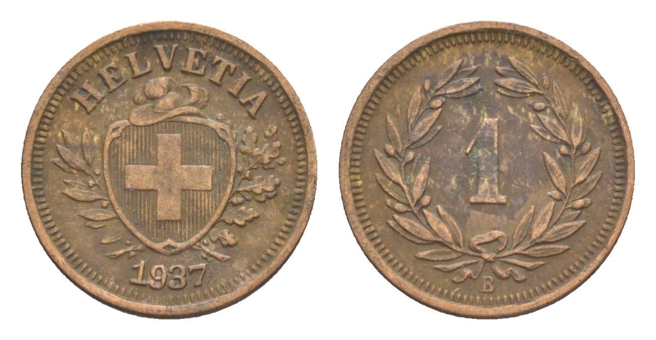 Швейцария 1 раппен 1937 B KM 3 бронза 4630-268