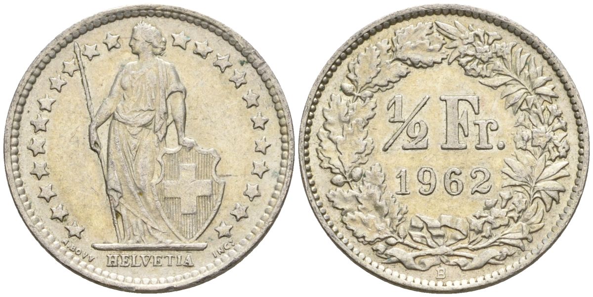 Швейцария 1/2 франка 1962 B KM 23 серебро 4608-521