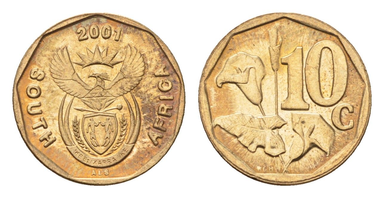 ЮАР 10 центов 2001 герб, цветок алоэ KM 224 сталь плакированная бронзой UNC 4694-768