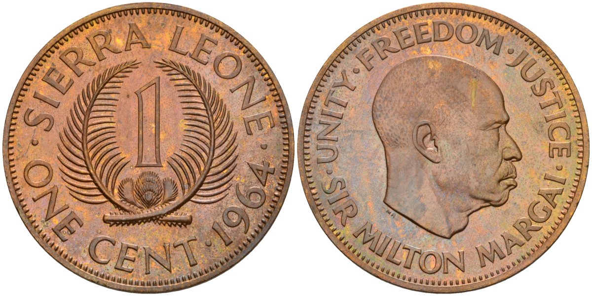 Сьерра-Леоне 1 цент 1964 Милтон Маргаи KM 17 бронза PROOF 4604-811
