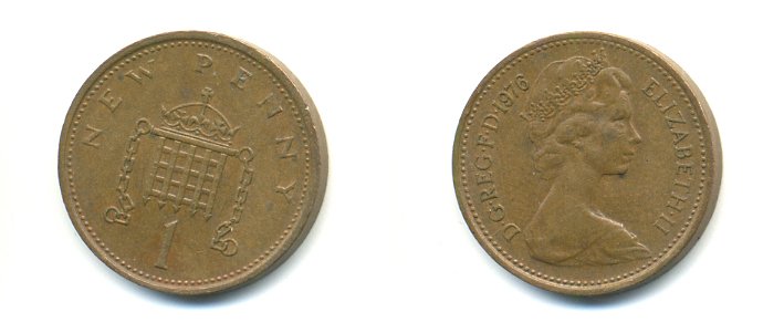 Великобритания 1 пенни 1976 Елизавета II (1952-2022) KM 915, Spink 4237 (B1) бронза 59-1544