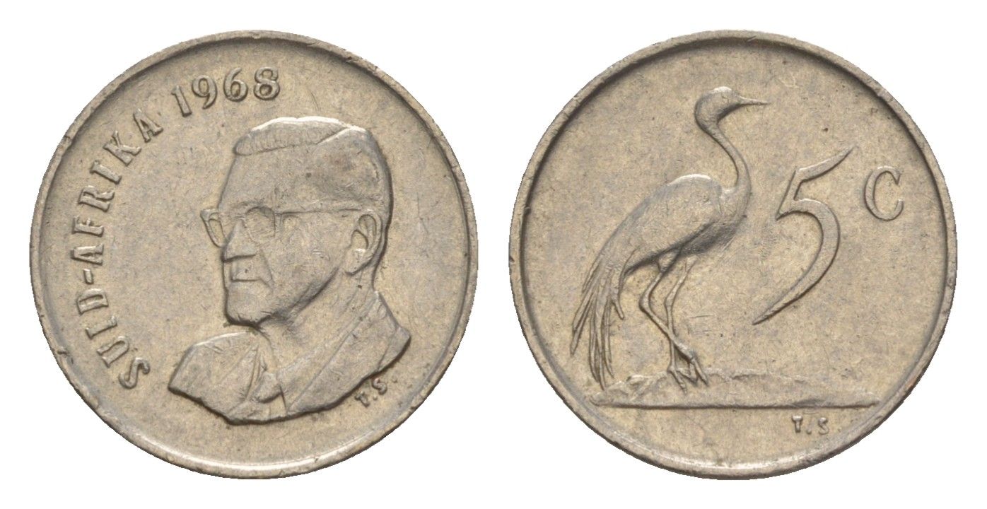 ЮАР 5 центов 1968 Окончание президентства Чарльза Сварта, Suid Africa, легенда на африкаанс KM 76.2 никель 4602-954