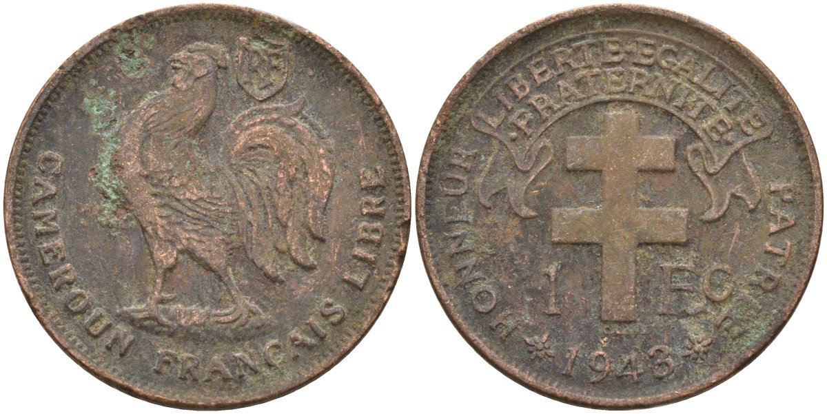 Французский Камерун 1 франк 1943 SA, петух, с Libre, монетный двор Претория KM 7 бронза 4137-933