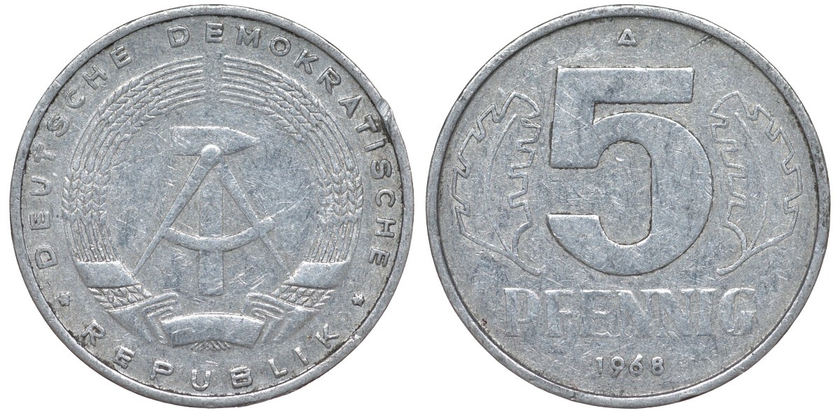 ГДР 5 ПФЕННИГОВ 1968 A KM 9.1 алюминий 62-124