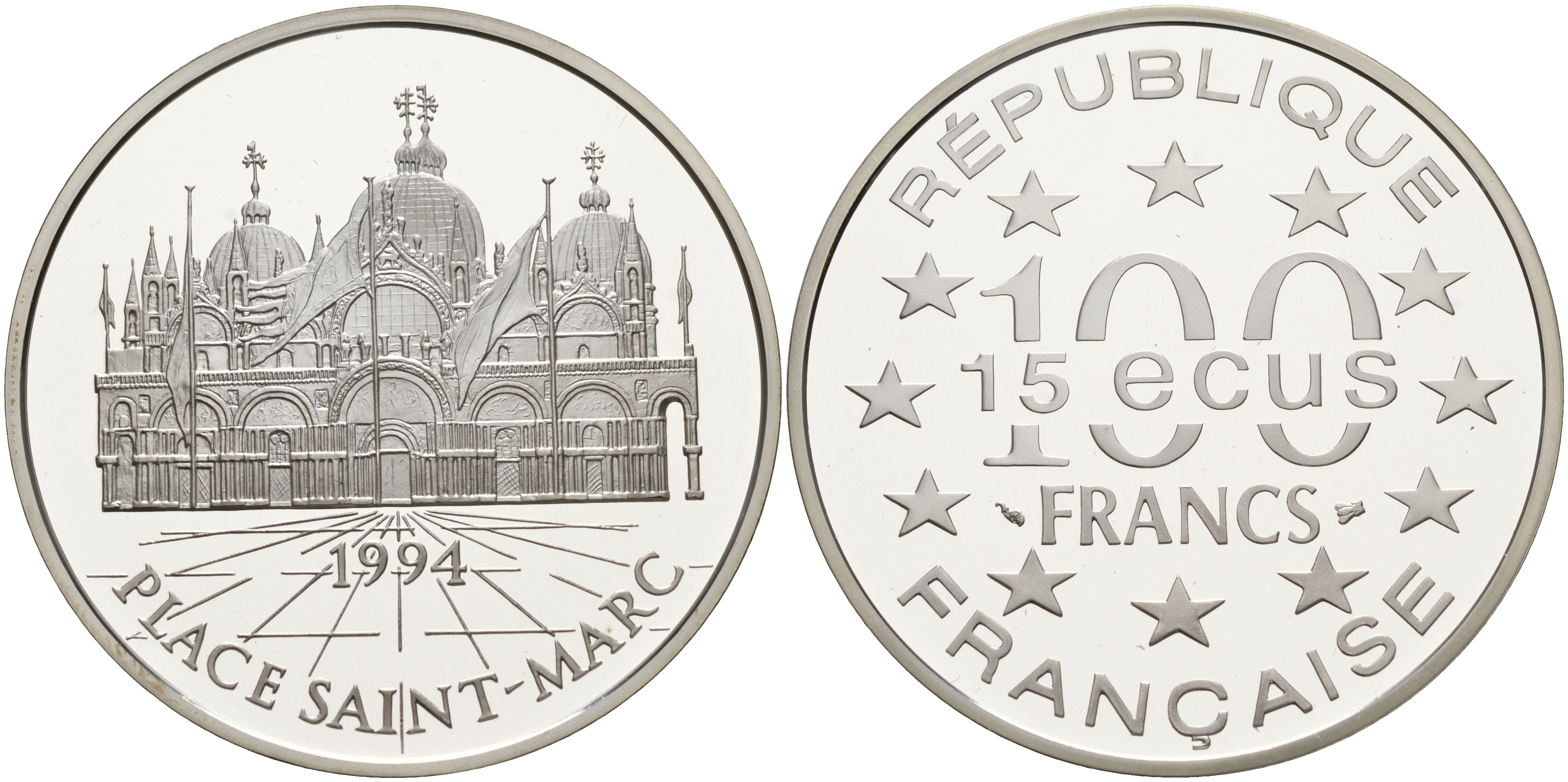 Франция 100 франков - 15 экю 1994 серия архитектурные монументы европы (Собор Святого Марка в Венеции), в коробке с сертификатом KM 1068 серебро  PROOF  5-6-1-37