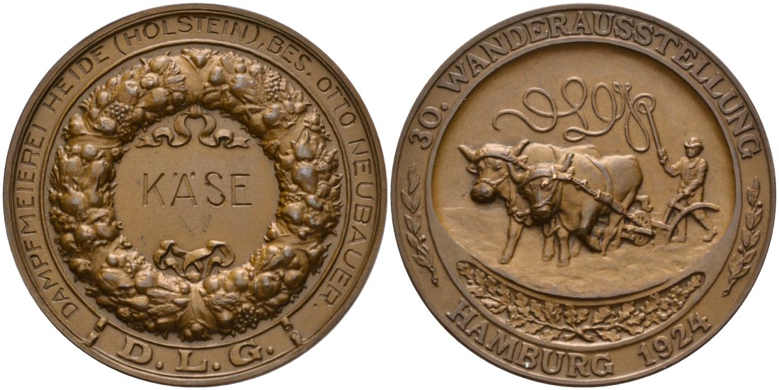 Германия, Гамбург  медаль 1924 ПОБЕДИТЕЛЮ 30-Й ПЕРЕДВИЖНОЙ СЕЛЬСКОХОЗЯЙСТВЕННОЙ ВЫСТАВКИ, DAMPFMEIEREI HEIDE (HOLSTEIN) BES. OTTO NEUBAUER, ЗА СЫР, диаметр 38,5 мм. бронза 06-204-34