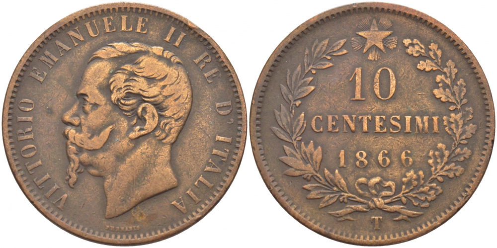 ИТАЛИЯ 10 ЧЕНТЕЗИМО 1866 T, ВИКТОР ЭММАНУИЛ II (1861-1878)KM 11.6 медь 114-621