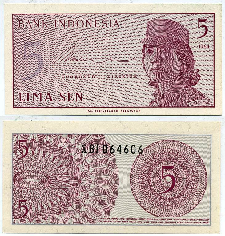 Индонезия 5 сенов 1964 девушка волонтер Pick 91 a  бумага  UNC (пресс) 7554-22-3-1