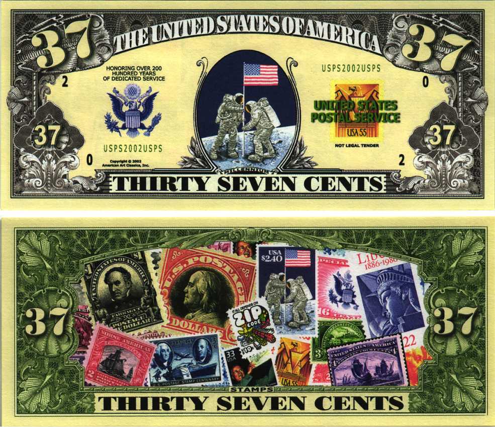 США 37 ЦЕНТОВ 2002 СУВЕНИРНАЯ БАНКНОТА, ПОЧТОВАЯ СЛУЖБА, ПОЧТОВЫЕ МАКРИ АМЕРИКИ, АМЕРИКАНСКИЙ ФЛАГ НА ЛУНЕ, 37 ЦЕНТОВ МАРКА С ФЛАГОМ США бумага UNC (ПРЕСС) 7198-38-1-2