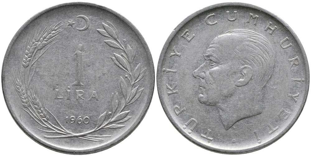 Турция 1 лира 1960 Мустафа Кемаль Ататюрк KM 889а.1 нержавеющая сталь 4541-1223