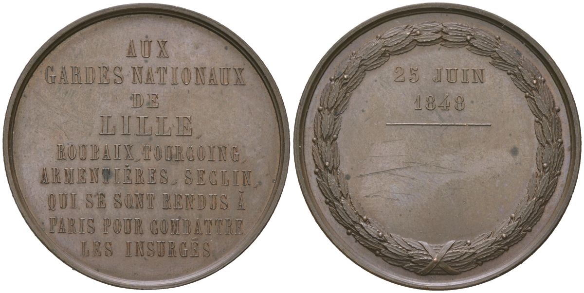 Франция медаль "Национальная гвардия Лилля" 1848 25 июня, Луи-Филипп I (1830–1848), вес 20,07 гр, диаметр 36,5 мм бронза UNC 4044-132