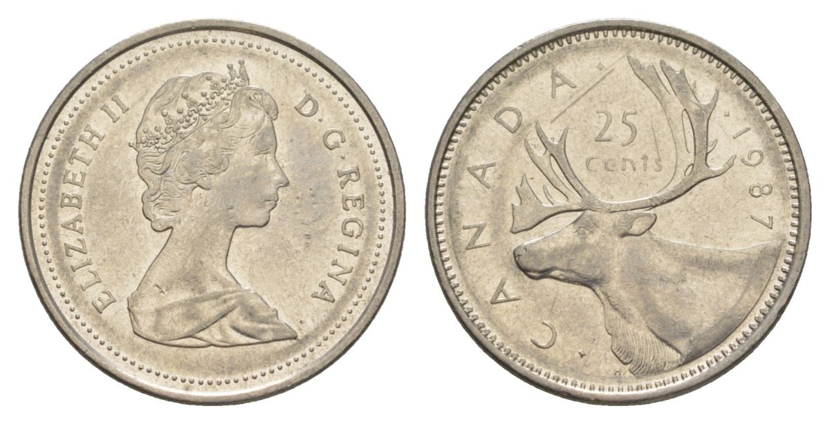 Канада 25 центов 1987 Елизавета II (1952-2022), олень KM 74 никель 4631-636