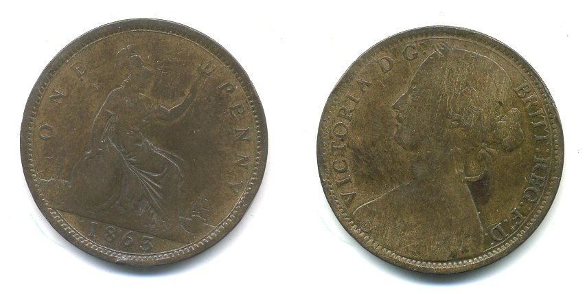 Великобритания 1 пенни 1863 Виктория (1837-1901) KM 749.2, Spink 3954 бронза 3999-311