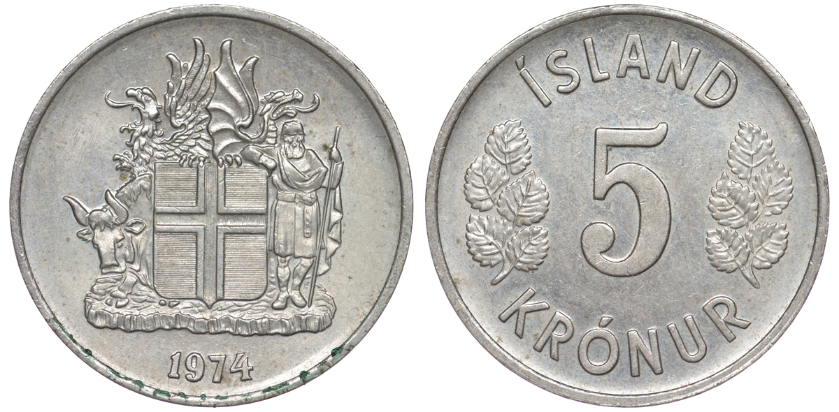 Исландия 5 крон 1974 KM 18 медно-никель 4588-666