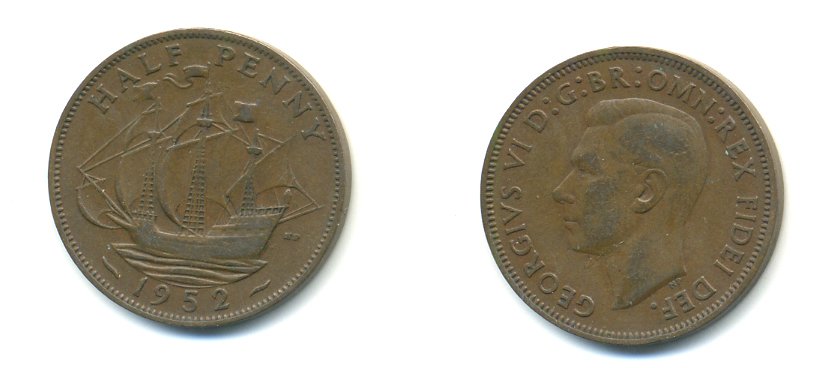 Великобритания 1/2 пенни 1952 Георг VI (1936-1952) KM 868, Spink 4118 бронза 59-1044