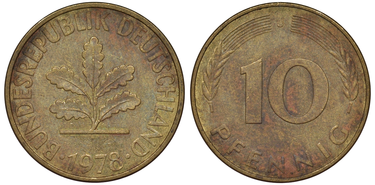 ФРГ 10 пфеннигов 1978 J KM 108, J. 383 сталь плакированная латунью 62-345