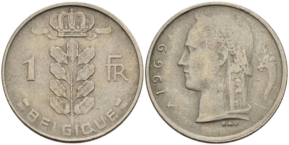 БЕЛЬГИЯ 1 ФРАНК 1969 BELGIQUE KM 142.1 медно-никель 4546-456
