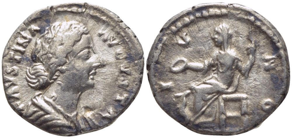 Римская Империя денарий 146 - 176 Фаустина Младшая, жена Марка Аврелия IVNO, сидящая Юнона, Рим Very fine RIC 689 серебро 1073-15-63