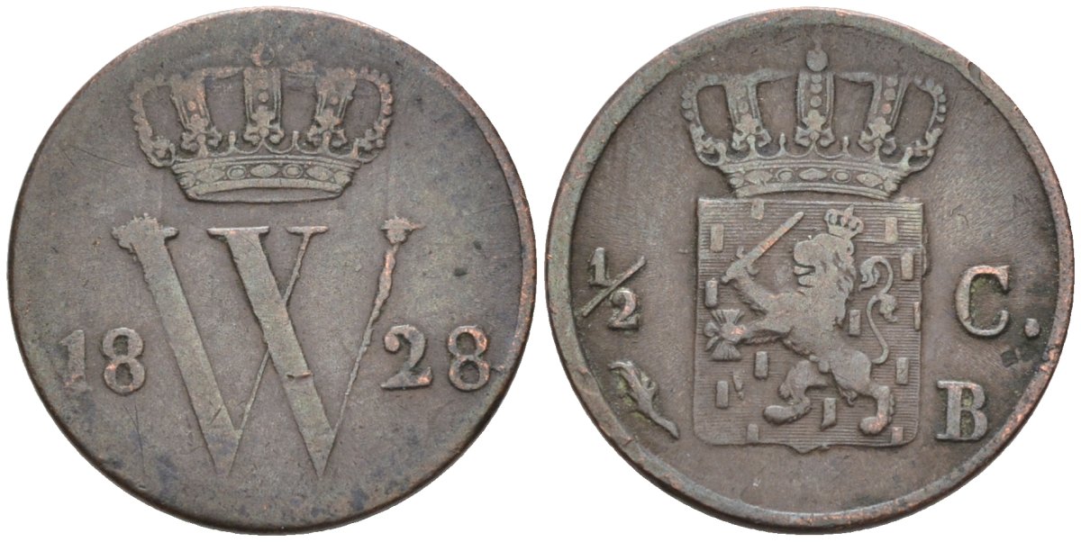 Нидерланды 1/2 цента 1828 Виллем I (1815-1840) KM 51 медь 1528-412