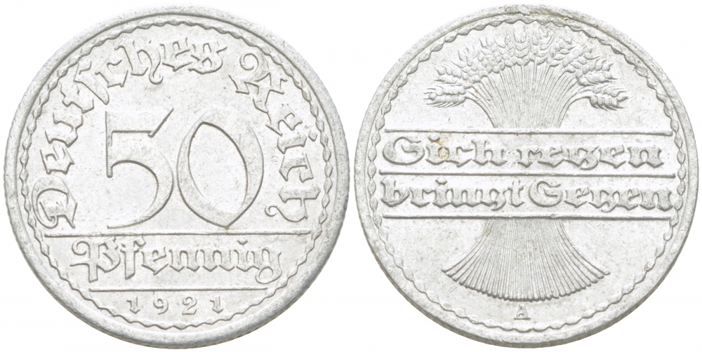 ГЕРМАНИЯ 50 ПФЕННИГОВ 1921 A KM 27, J. 301 алюминий 77-537