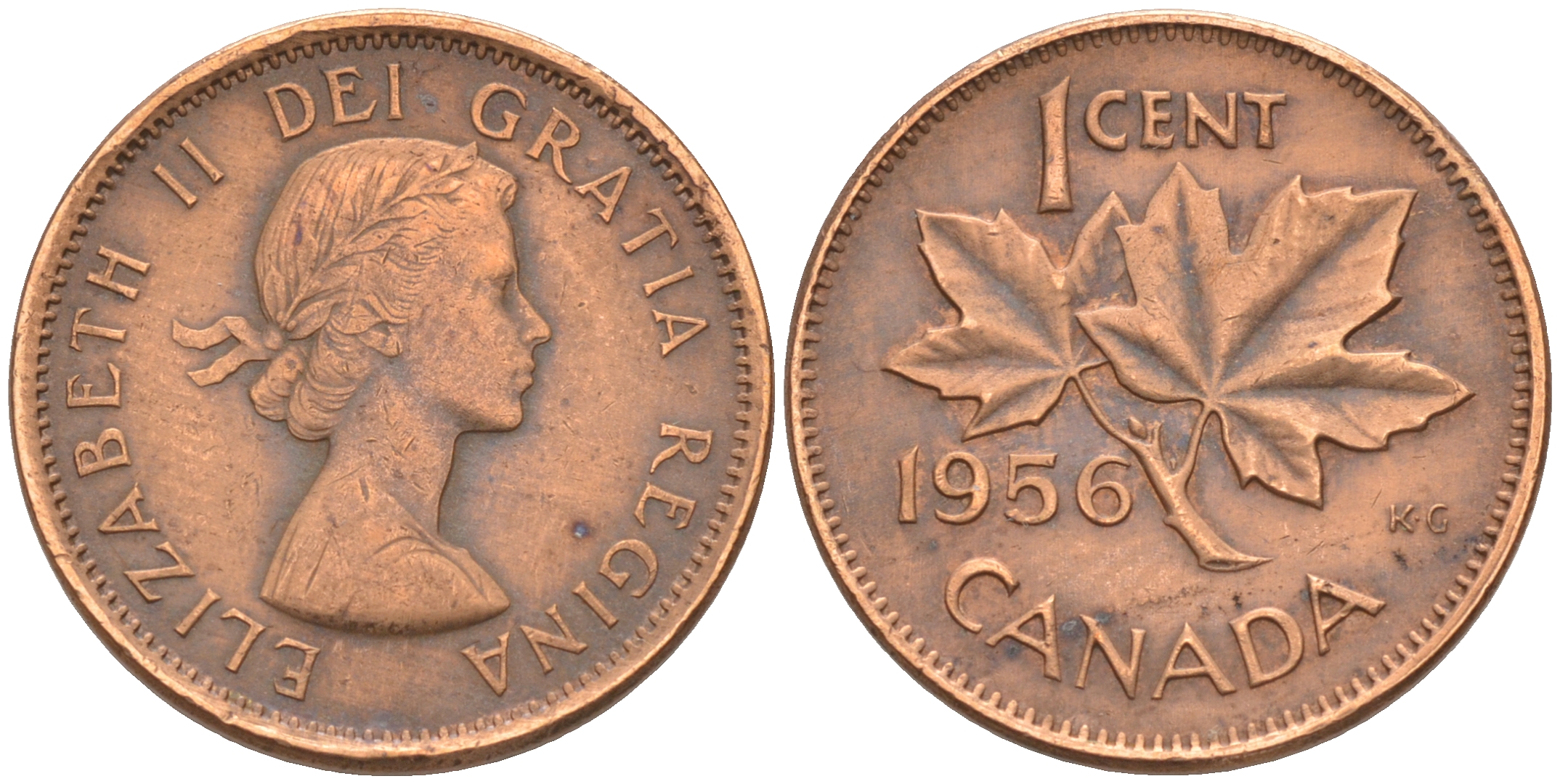 Канада 1 цент 1956 Елизавета II (1952-2022), кленовый лист KM 49 бронза 188-747