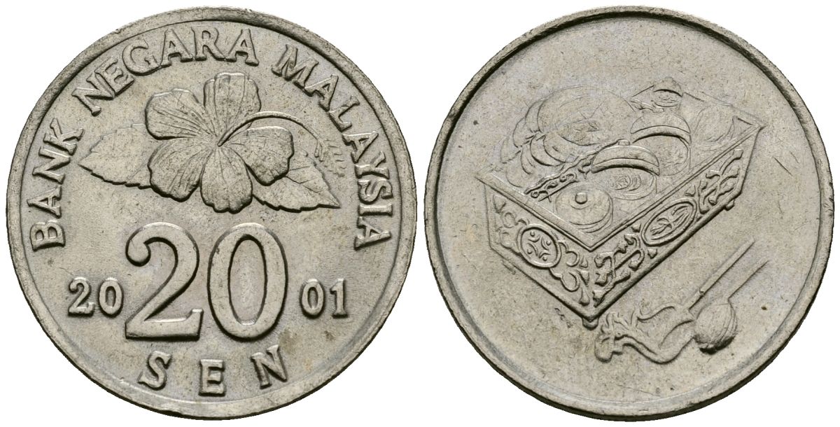 Малайзия 20 сенов 2001 цветок KM 52 медно-никель 4167-323