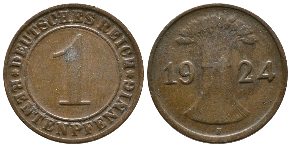 Германия 1 рентенпфенниг 1924 F KM 30, J. 306 бронза 4380-1049