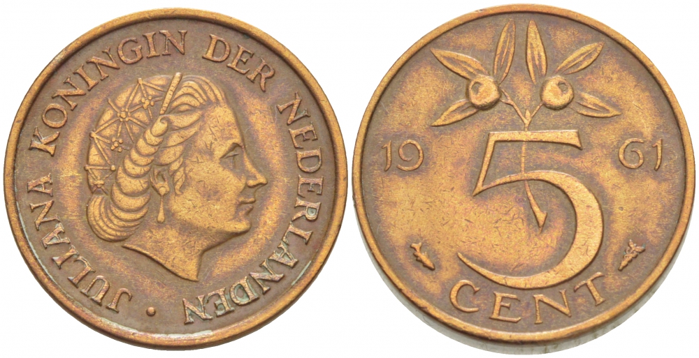 НИДЕРЛАНДЫ 5 ЦЕНТОВ 1961 ЮЛИАНА KM 181 бронза 3718-354