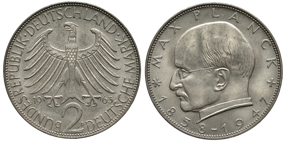 ФРГ 2 марки 1963 D, Макс Планк KM 116, J.392 медно-никель плакированный никелем 3855-922