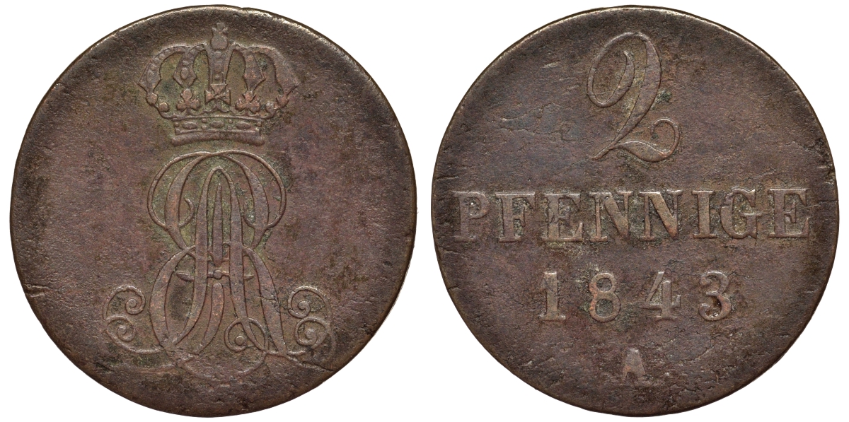Ганновер 2 пфеннига 1843 A, Эрнст Август (1837-1851) KM 174.1, AKS 122, J. 55 медь 75-1746