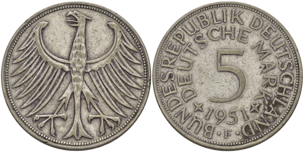 ФРГ 5 марок 1951 F J. 387, KM 112.1 серебро 97-812