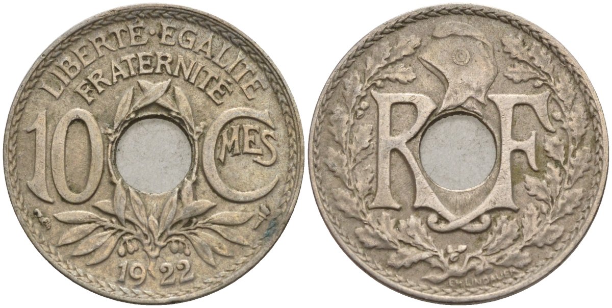 Франция 10 сантимов 1922 KM 866a, Le Franc 138.3 медно-никель 4143-916